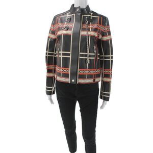Hermes Womens Biker Plaid Calfskin Jacket Black Snap Closure Size 38
